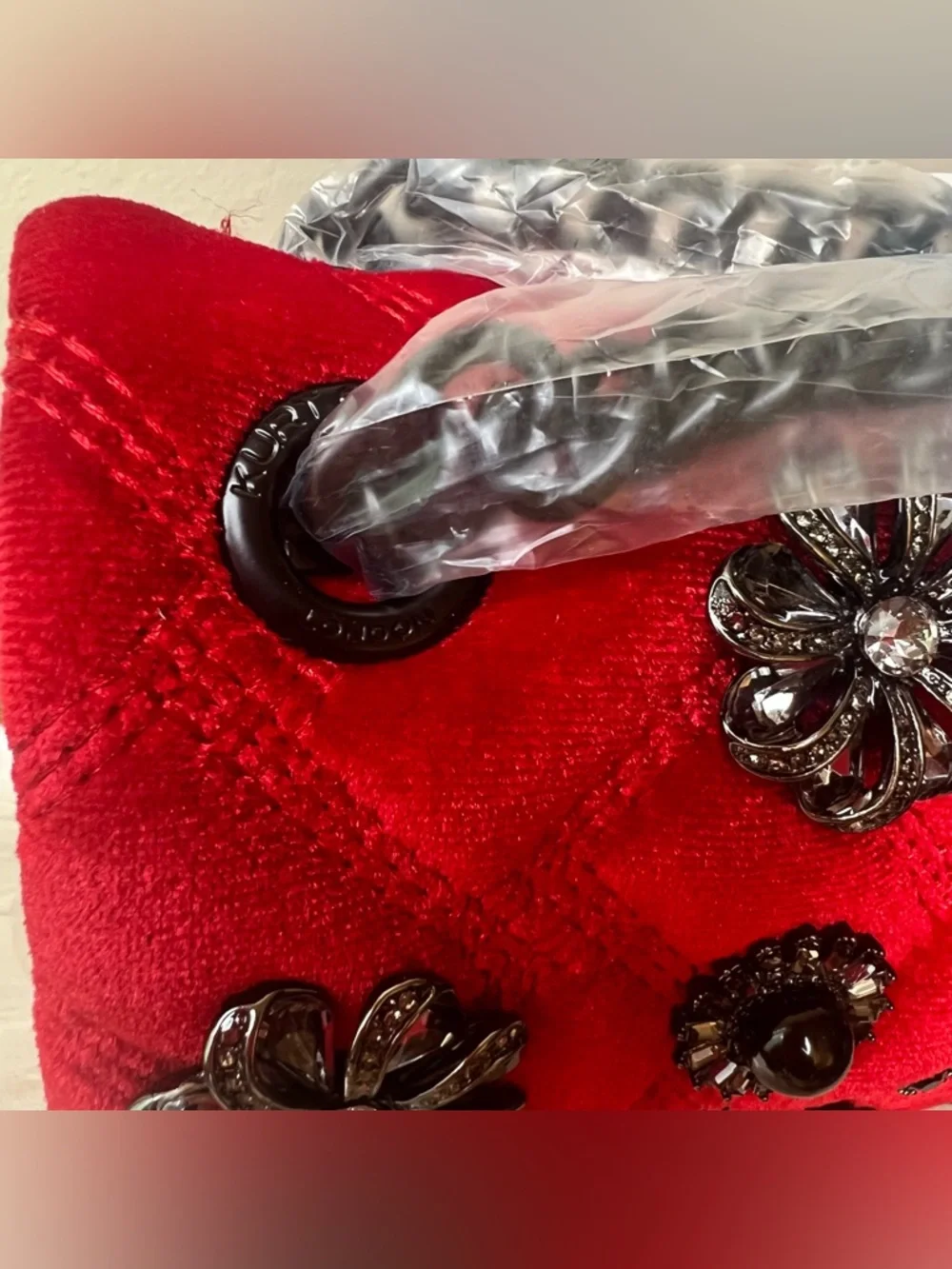 Kurt Geiger London Red Velvet Embellished Mini Kensington Bag NWT - Picture 6 of 16